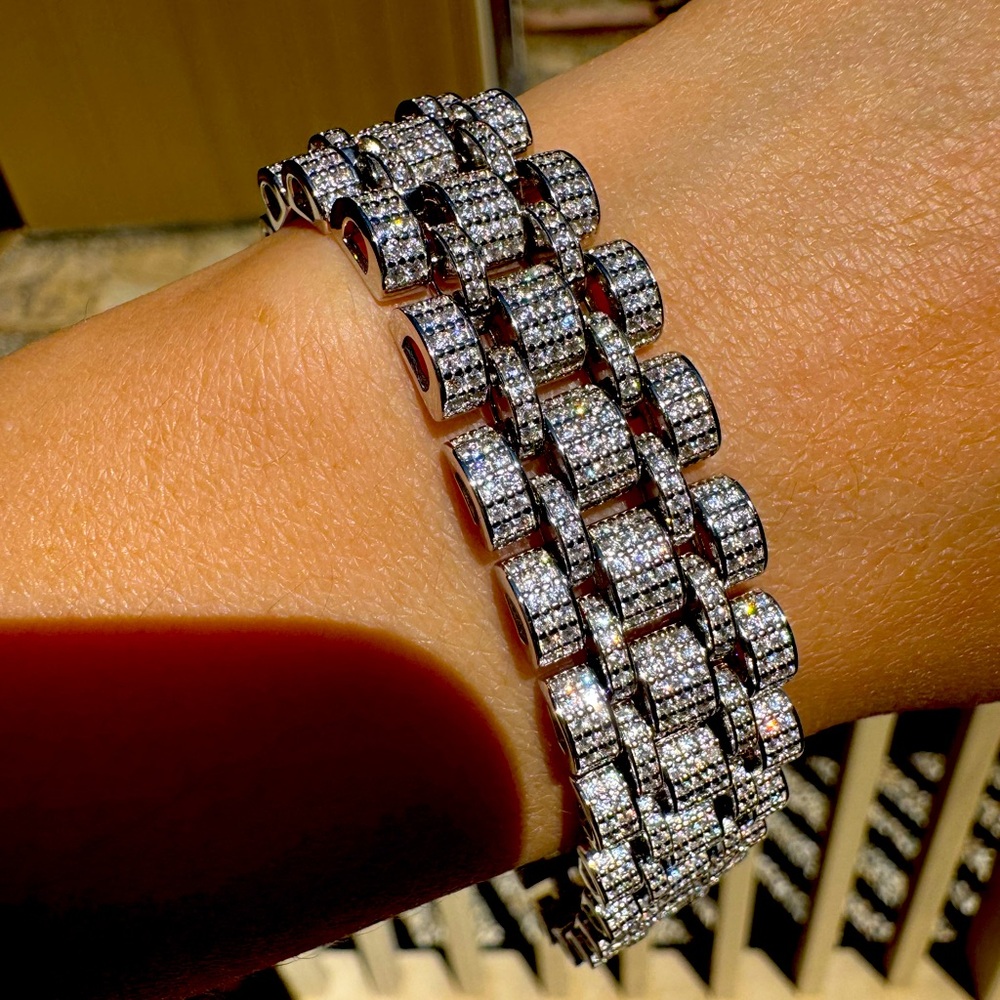 Men‘s Luxury Moissanite Watchband Style Bracelet,18K Gold Plated Sterling Silver